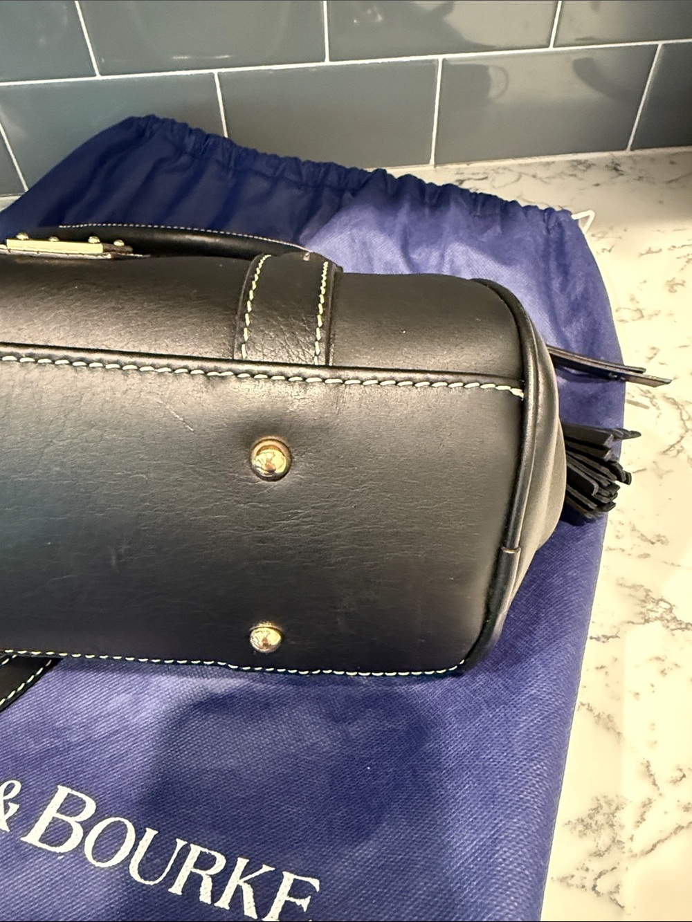 Dooney & Bourke Black Leather Satchel with Brown Handles and Gold Hardware - Picture 4 of 5